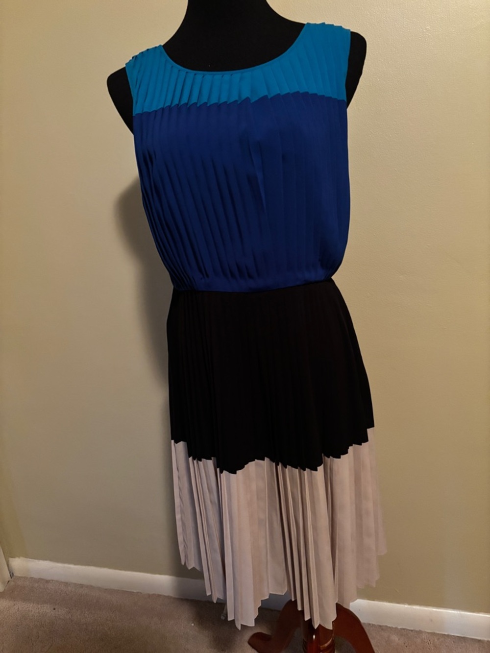 Calvin Klein Pleated Colorblock Dress in Teal, Royal Blue, Black & Cream